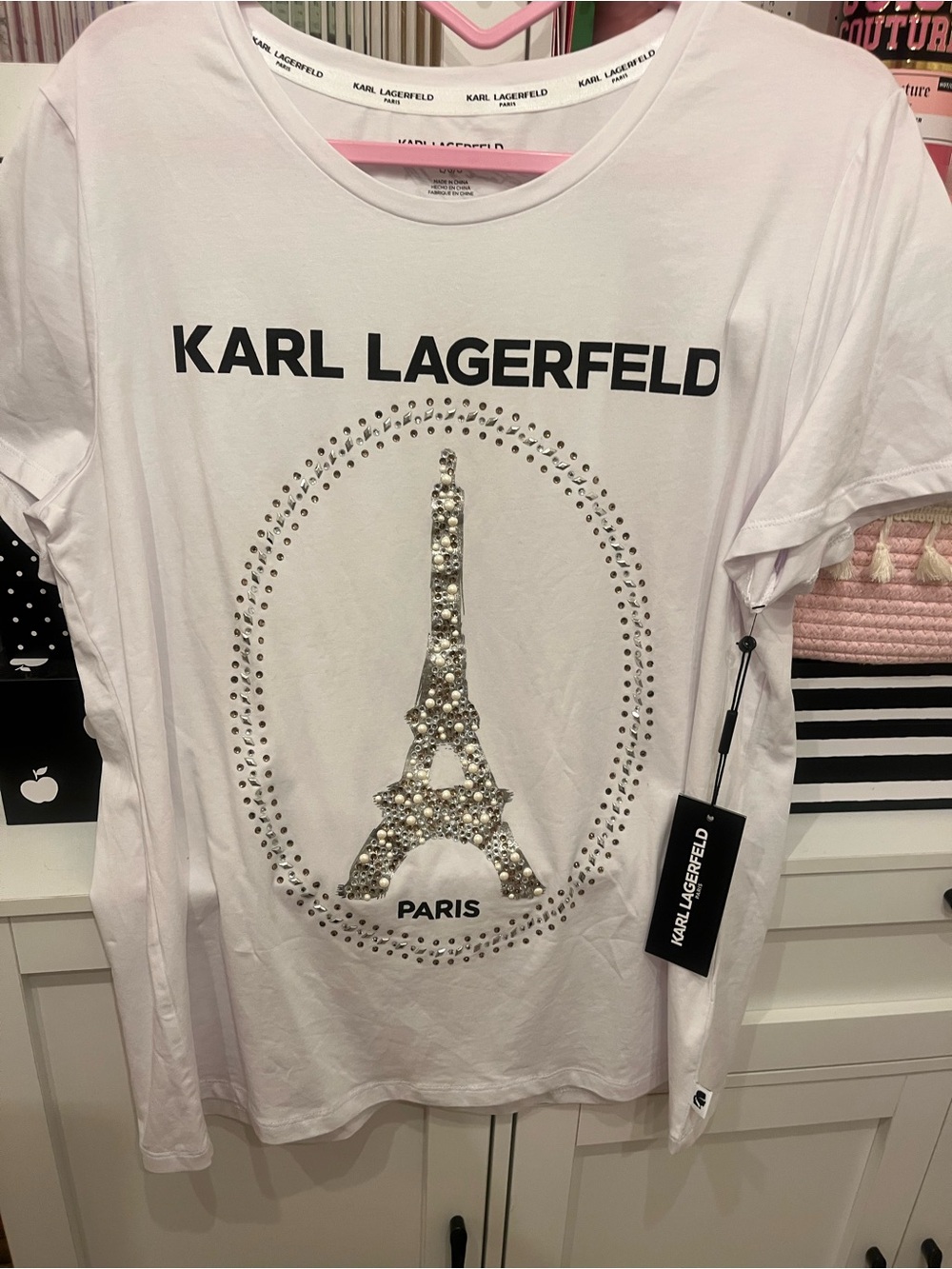 Karl Lagerfeld White Pearl-Embellished Eiffel Tower Tee